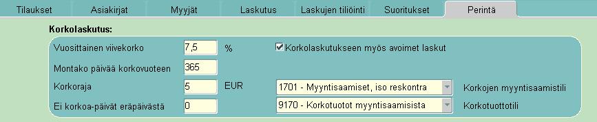 Onko myynnin perustietoihin määritelty vuosittainen viivekorko ja korkoraja? Esim.
