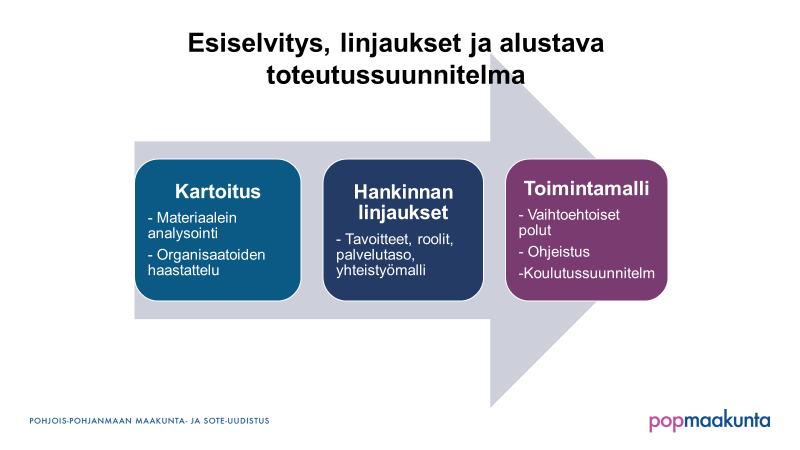 Työn pohjana oli vuonna 2017 kesäkuussa valmistunut Pohjois-Pohjanmaan maakuntauudistuksen hankintatyöryhmän loppuraportti (Liite 1), jossa esiteltiin vaihtoehdot maakunnan hankintojen