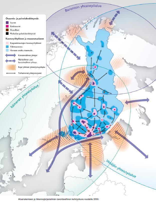 Alue- ja yhdyskuntarakenne Maan eri osissa erilaisia vahvuuksia ja voimavaroja Monikeskuksinen aluerakenne Suurten ja keskisuurten kaupunkiseutujen verkottuminen kansallisiksi ja kansainvälisiksi
