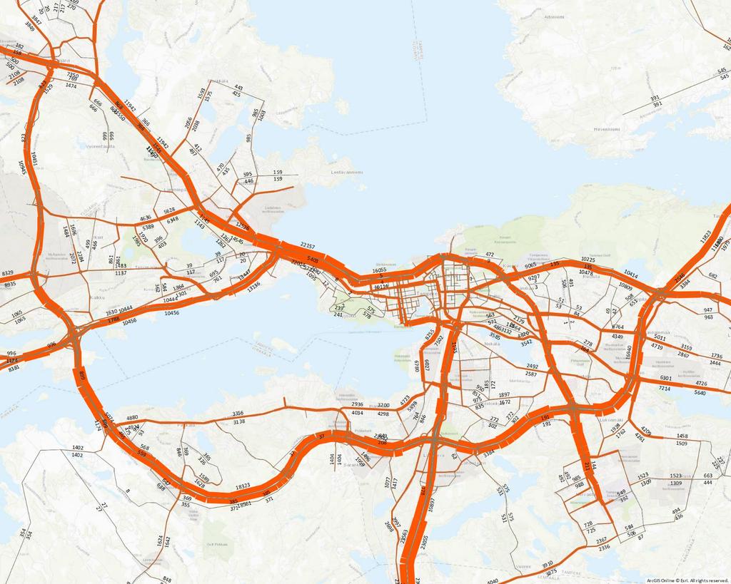 Liikennemäärät (KVL 2017) 6 4 Tampereen seudun liikennemallin nykytilanteen (2017) mukaiset keskivuorokausiliikenteen määrät on esitetty viereisessä kuvassa.