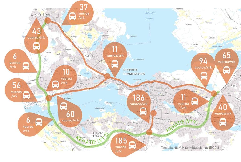 Joukkoliikenteen vuoromäärät (Kaukoliikenne 2018) Tampereen seudun kaukoliikenteen vuorokautiset vuoromäärät 2018 kehätien sisäpuolisilla maanteillä ja muilla liikenteen tarkastelupisteillä on