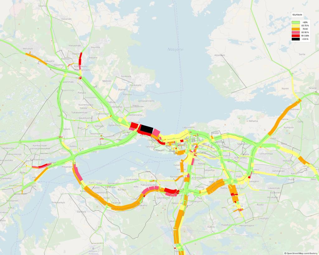 Ruuhkat Tampereen seudun liikennemallin nykytilanteen (2017) ennusteen mukainen liikenneverkon kuormitus on esitetty viereisessä kuvassa.