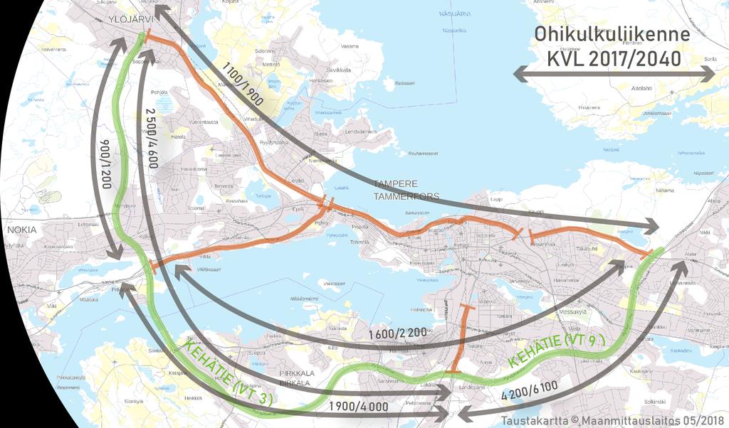 Ohikulkuliikenne Viereisessä kuvassa on esitetty ohikulkuliikenne Tampereen kehätien solmupisteiden välillä, erikseen vuoden 2017 ja vuoden 2040 liikennetilanteissa.