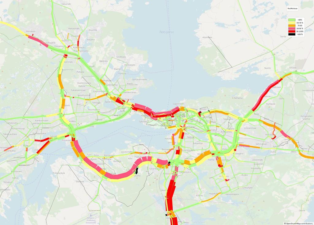 Ruuhkat 2040 (Skenaario 2 Palvelutaso muuttuu ) 2017 Tampereen seudun liikennemallin vuoden 2040 ennusteen mukainen liikenneverkon kuormitus on esitetty viereisessä kuvassa skenaariolle 2.