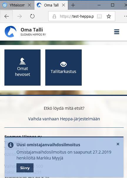 Ohjeet hevosen ostajalle - Kirjaudu Oma Talliin - Ponnahdusikkunasta näet suoraan, että sinulle on tullut uusi omistajanvaihdosilmoitus.