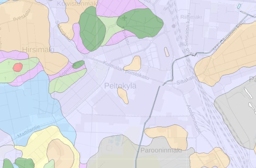 4 2.2 Hydrogeologiset olosuhteet Suunnittelualueen maaperä on maaperäkartan mukaan silttiä. Kuva 5. Suunnittelualueen maaperä. Silttinen maaperä on esitetty kartassa violetilla värillä.