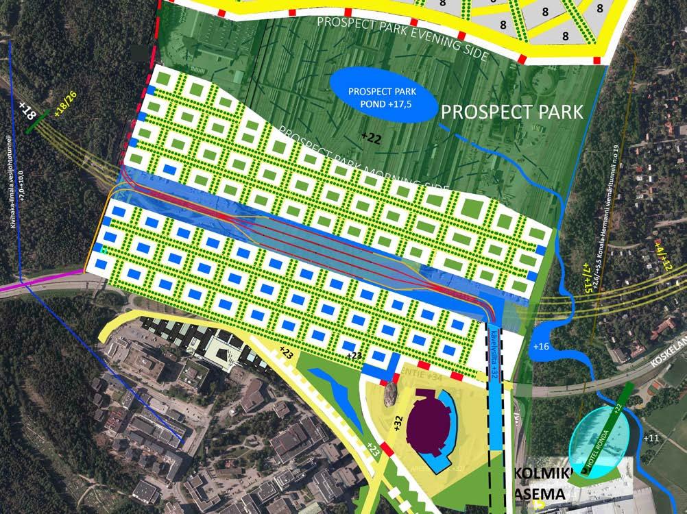 6.3. Finnopolis-aseman ruutukaava Kuvassa on 3D-mallinnosta varten piirretty junien läpivirtausaseman ympäristö. Kaupunginosalla on asemasta suunnan ottava ruutukaava.