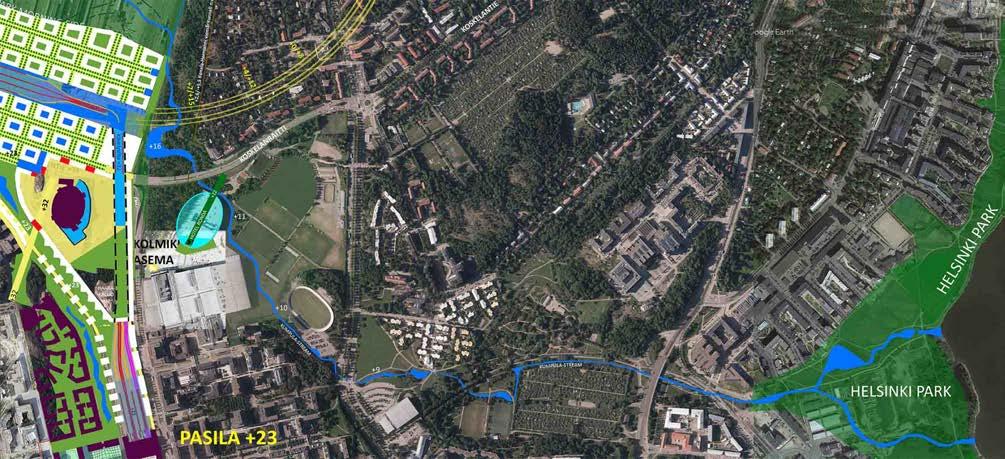 Kahden uuden kaupunginosan väliin rakennetaan puisto (kuvan Prospect Park) ja sen keskelle palautetaan paikalla alunperin sijainnut pieni järvi.
