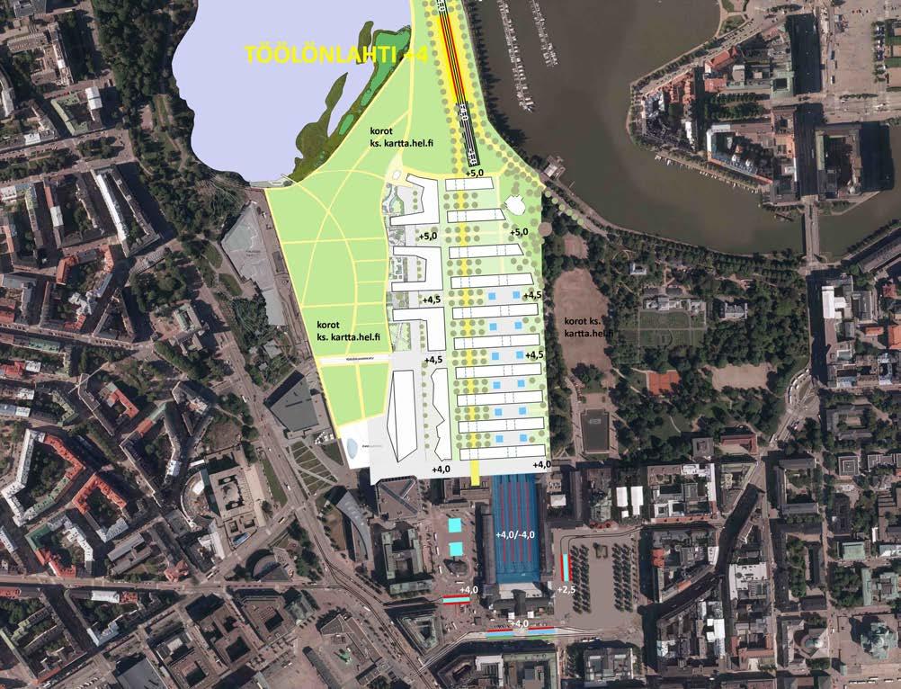 6.1. Helsingin keskustan raitiojuna-asema ja 8 000 opiskelijan Kandikaupunki Helsingin keskustaan johtava neliraiteinen raitiorata sukeltaa maanpinnan alapuolelle Töölönlahden talorintaman alun ja