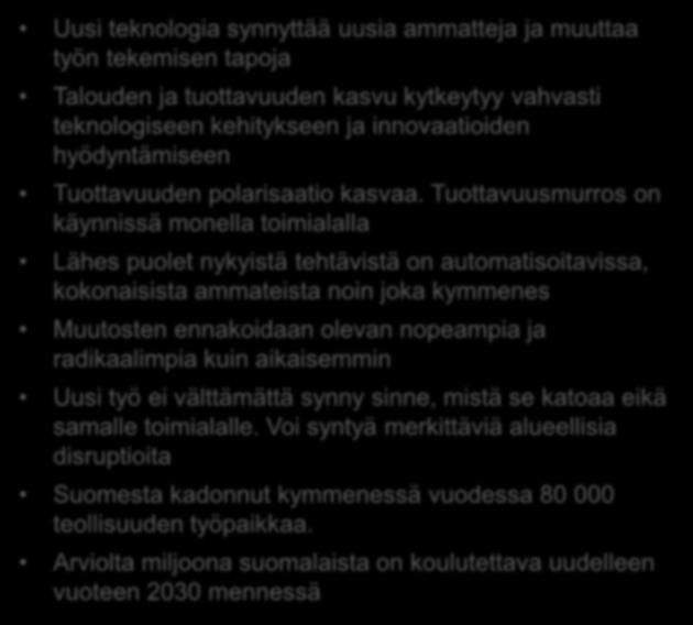 Työn ja teknologian murros kiihtyy Työllisyysaste 2030 78 % (+5,4 %) Uusi teknologia synnyttää uusia ammatteja ja