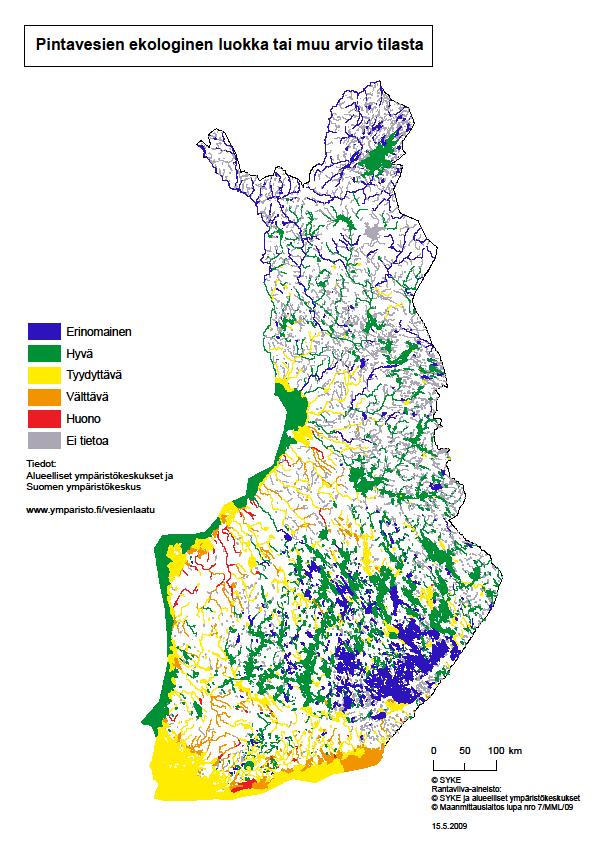 Pintavesien ekologinen tila urce: Finnish Environment stitute & ural Environment Institutes Vain n 5 % Kallaveden fosforista päättyy Itämereen (PS ELY).