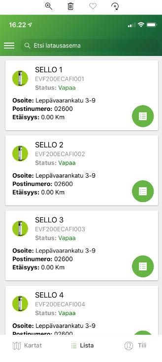 Ecariot mobiili applikaatio-ohje 2 (6) 2.2 Lista -näkymä Valitse applikaation alavalikosta Lista.