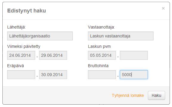 Kuva 7. Edistynyt haku paneeli b. Syötä suodattimet, joita haluat käyttää: Lähettäjä: Näytä tietyn lähettäjän lähettämät asiakirjat.