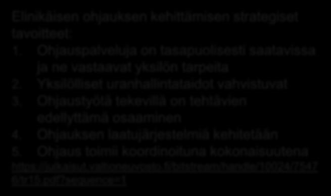 tavoitteita Elinikäisen ohjauksen kehittämisen strategiset tavoitteet: 1. Ohjauspalveluja on tasapuolisesti saatavissa ja ne vastaavat yksilön tarpeita 2.