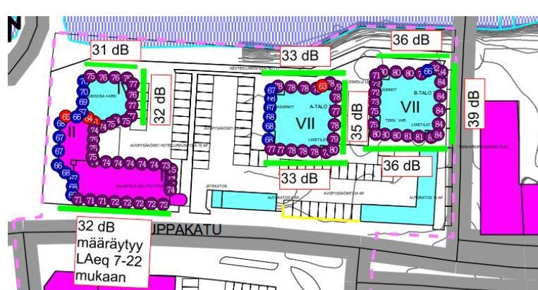 Laskenta on tehty kerroksittain ja melumallinnuskusissa on esitetty suurin melutaso, joka kohdistuu johonkin kerrokseen.