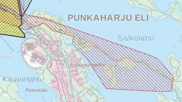 Musta vinoviiva = Keltainen = Punainen vinoviiva = Puruveden Natura-alue (Natura-tunnus FI0500019 ja FI0500035) Punkaharjun luonnonsuojelualue (ESA060014) Punkaharju-Pakkasenharjun maisema-alue