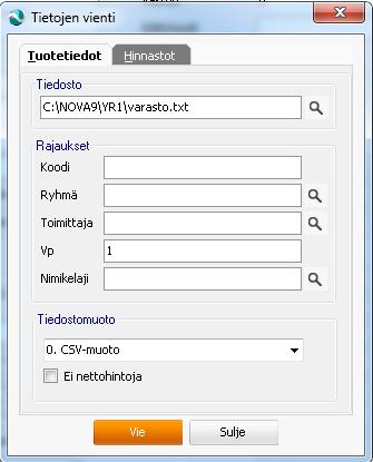 Optio Tuo monikoodisuus tiedot Tuo tullaustiedot Selite vieraskieliset nimikkeet, mikäli ne tiedostosta löytyvät (Tyyppi6- rivin tiedot tiedostossa) Option ollessa valittuna tuodaan tiedostosta myös