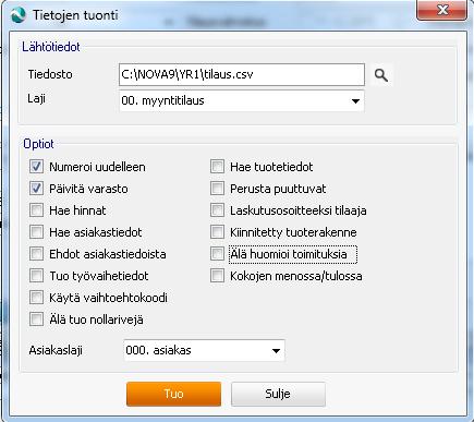 5.3 Optiot ja rajaukset 5.3.1 Tuonti Tilaustietojen tuontioptiot. Syötä Tiedosto-kenttään polku, josta tuotava tiedosto haetaan tai etsi se...-painikkeella avautuvan tiedostoselauksen kautta.