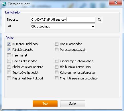 Tuonti hakee nimikkeen (NIMIKE) ja lisänimikkeen (LISANIMIKE) tuotetiedoista. Rivi merkitään oletuksena aktiiviseksi (KDI=1) ja per-tiedoksi (PER) tulee yksi.