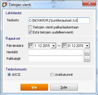 Syötä Tiedosto-kenttään polku, johon haluat vientitiedoston tallentuvan. Tietojen uudelleen viennin estät optiolla Estä tietojen uudelleen vienti.