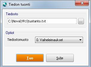 10.3 Optiot 10.3.1 Tuonti Tuotanto Tiedosto Tiedon tuonti -valinnalla voit siirtää tuotantoon työvaiheille tehdyt työajan leimaukset.