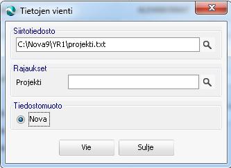 X 11.3 Optiot 11.3.1 Tuonti 11.3.2 Vienti Projektitietojen tuonti. Etsi tuotava tiedosto...-painikkeella avautuvan tiedostoselauksen kautta.