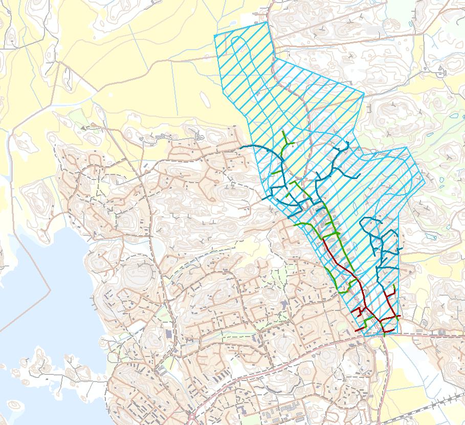 POHJAVESIALUEELLA SIJAITSEVAT VIEMÄRIT Pohjavesialueella (sininen vinoraidoitus) sijaitsevat viemäriputket rakennusvuoden mukaan. Kaikki pohjavesialueella sijaitsevat putket ovat muoviputkia.