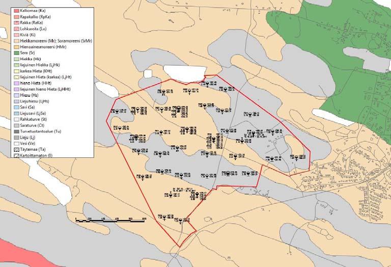 FCG SUUNNITTEU JA TEKNIIKKA OY Rakennettavuusselvitys 3 (9) 26.1.2018 4.2 Maaperä ja kallioperä Kuva 2. Suunnittelualueen maaperäkartta. Alueen rajaus on esitetty punaisella viivalla.