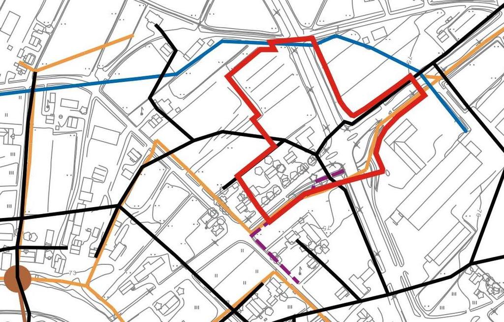 Alueen pohjoisosan poikki kulkee 20 kv sähköjohto. Lisäksi alueen poikki kulkee vesijohto ja viemäri. Kuva 5.