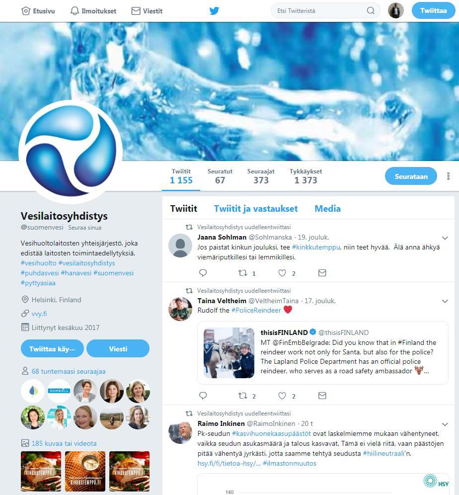 Otsakekuva Profiilikuva Aloita/lopeta tilin seuraaminen Twitter-syöte Esittelytekstissä kerrotaan organisaatiosta ja Twitter-tilin käyttötavasta.
