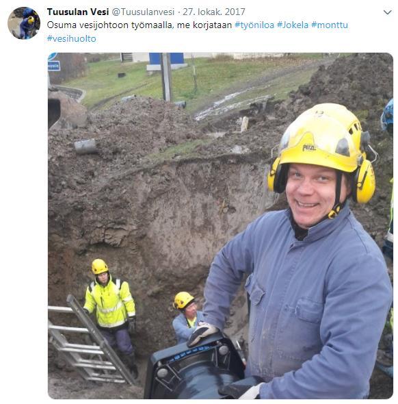 Kuva 3.7 Myös häiriötilanneviestintää voidaan toteuttaa monella eri tavoin. Lisäämällä twiittiin kuva työmaalta parannetaan twiitin kiinnostavuutta.