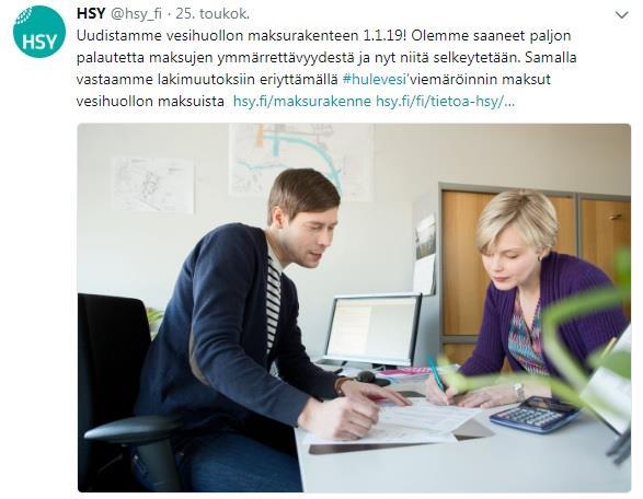 Kuva 3.10 Asiakasmaksut ovat tyypillinen asiakkaille tiedotettava asia. (HSY) Asiakaspalvelun somessa tulee olla mahdollisimman reaaliaikaista, minkä takia Twitterin käytön tulee olla säännöllistä.