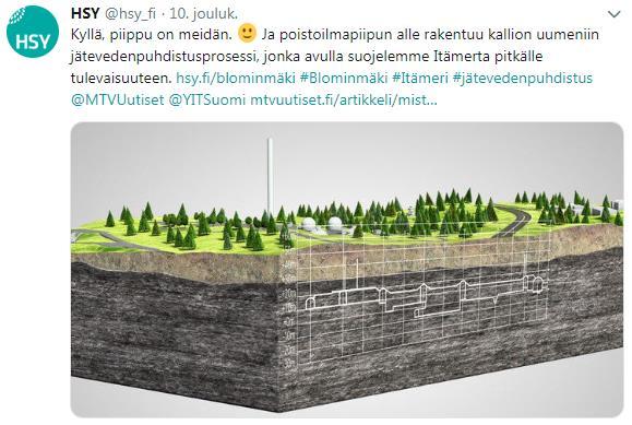 Kuva 3.11 Twiiteillä voidaan myös luoda positiivista mielikuvaa. Esimerkkinä HSY:n julkaisema twiitti Blominmäen jätevedenpuhdistamo hankkeesta.