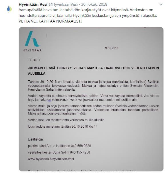 Kuva 3.14 Twitterissä julkaistuun häiriötiedotteeseen tulee lisätä linkki viralliseen häiriötiedotteeseen tai liittää siitä kuva twiittiin. (Hyvinkään Vesi) Kuva 3.