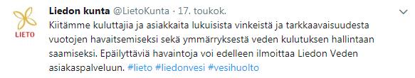 Kuva 3.16 Twitterin avulla häiriötilanteiden selvittämisen etenemisestä pystytään tiedottamaan tehokkaasti. Etenkin pitkittyneessä häiriötilanteessa on syytä kertoa tilanteen etenemisestä.