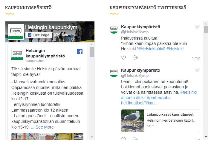 Kuva 3.19 Hyvä tapa lisätä organisaation sometilien näkyvyyttä on upottaa internetsivuille organisaation Twitter-syöte. Monilla kunnilla tai kaupungeilla on omat Twitter-tilinsä.