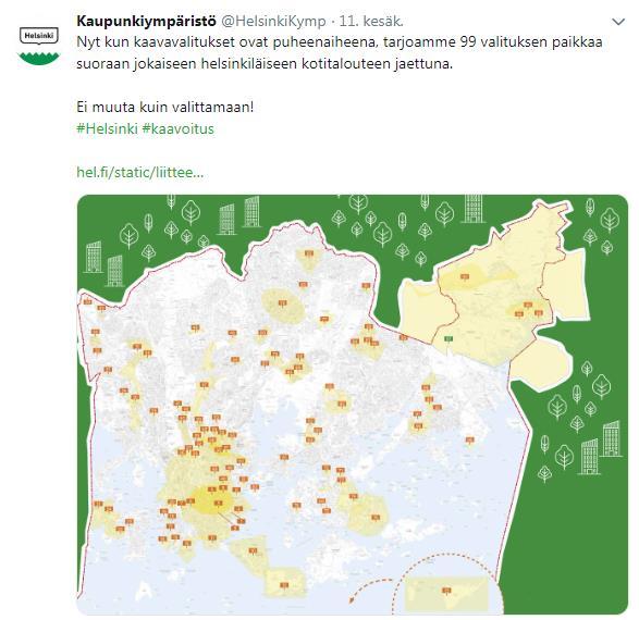 Kuva 3.21 Helsingin kaupunkiympäristön Twitter-tili on ensimmäisen seitsemän vuoden aikana kerännyt noin 23 600 seuraajaa vaihtelevalla sisällöllä ja omaperäisillä twiiteillä.