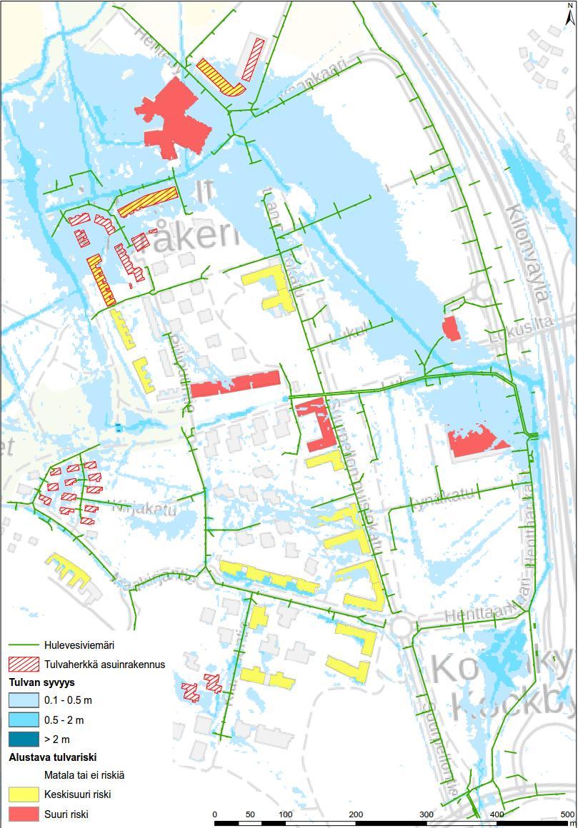 12 Suurpellon alueella asuinrakennusten lisäksi (n. 30 kpl, 600 as.) merkittävin hulevesitulvariskikohde on Opinmäen koulukampus.