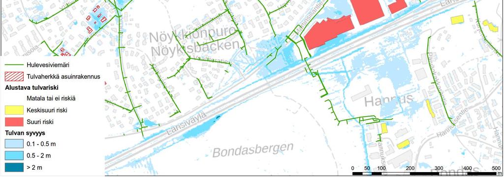 kaksi hulevesitulvavaara-aluetta Kauppakeskus Liilan lähistössä sekä