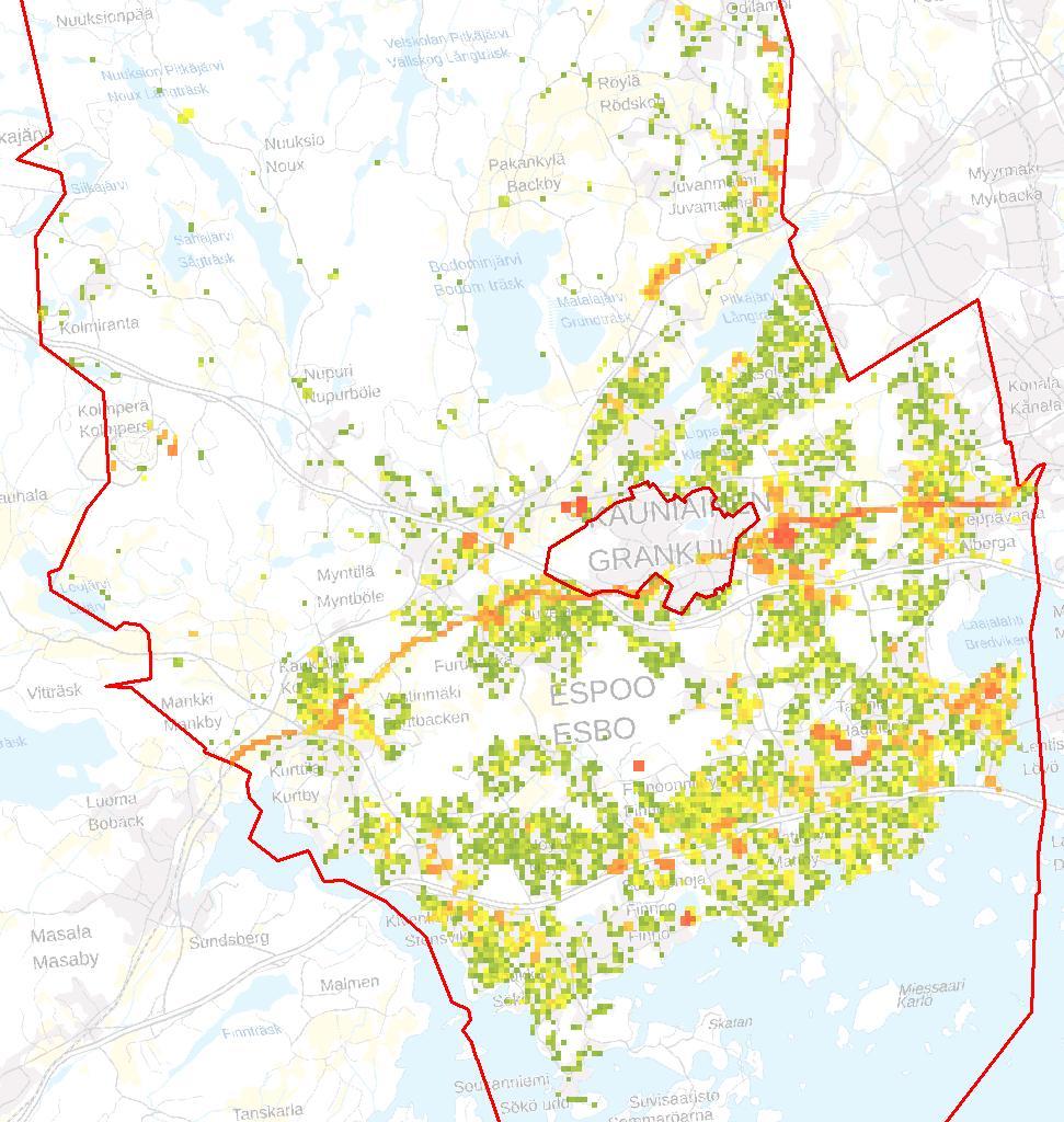 6 Yli 6 m leveä tie Keskisuuri 3 6 m leveä tie Pieni Alle 3 m leveä tie Pieni Mallinnuksen lopputulos on kartta kerran 100 vuodessa toistuvalla rankkasateella muodostuvan hulevesitulvariskin