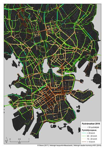 Keskimääräisten pyöräilynopeuksien vaihtelu osuuksittain kantakaupungissa vuonna 2016.