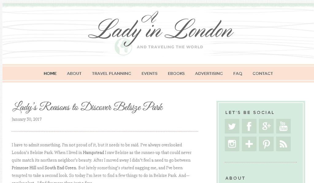 6.8 A lady in London 1. Kanavan nimi ja URL-osoite A Lady in London https://www.aladyinlondon.com/ sos. media, muu teemakohtainen Blogi 3. Sivuston kieli englanti 4. Palvelun ohjaaja Julie Falconer 5.