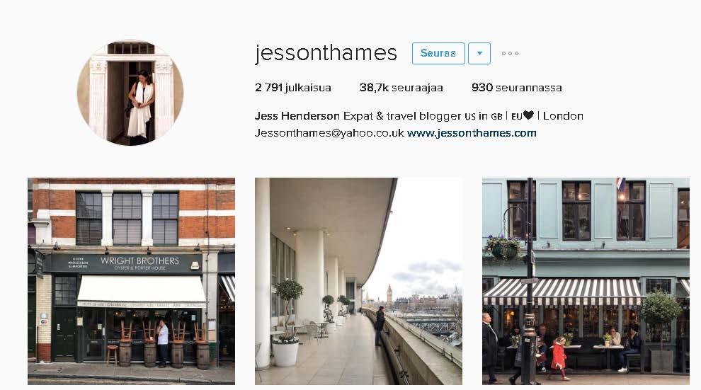 6.10 @jessonthames 1. Kanavan nimi ja URL-osoite @jessonthames http://www.jessonthames.com/ sos. media, muu teemakohtainen Instagrammaaja, joka kuvaa eniten Lontoota mutta myös muita kohteita. 3.