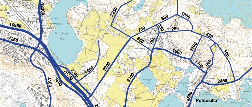 4 poikkileikkaustilannetta, joista Siivikkalan asukasluku kasvaisi 1500 asukkaalla vuoteen 2030 mennessä, 2850 asukkaalla vuoteen 2040 ja