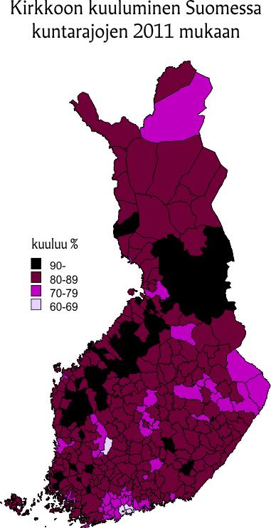 Kirkkoon sitoutumisen alueelliset erot Kartta 1. Kirkkoon kuuluminen Suomessa 2011 kunnittain (% kirkkoon kuuluvista).