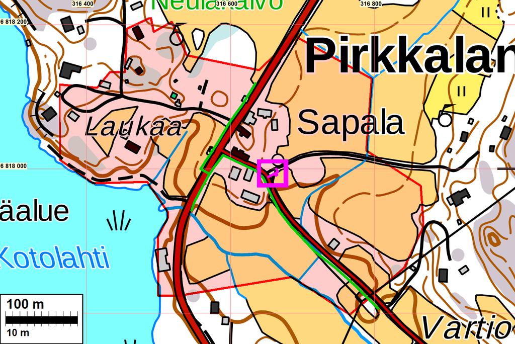 Yleiskartat Tutkimusalue sinipunaisella sinipunaisen neliön sisällä. Tursiannotkon muinaisjäännösalue punaisella. Muuntamokopin ja maakaapelin sijoittuminen teiden risteykseen on merkitty vihreällä.