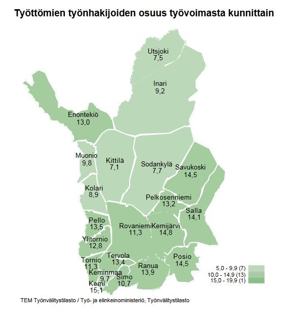 13 Joulukuussa 2018 Työttömien osuus työvoimasta Inari (vuoden ka) 20 18 16 14 12 10 8 6 4 2 0 17,1 17,8 17,4 15,4 14,4 11,6 2013 2014 2015 2016