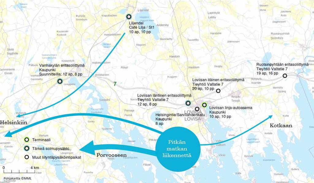 Pitkän matkan liikenteen solmukohdat ja liityntäpysäköinti Loviisan pitkän matkan joukkoliikenne koostuu pääasiassa valtatie