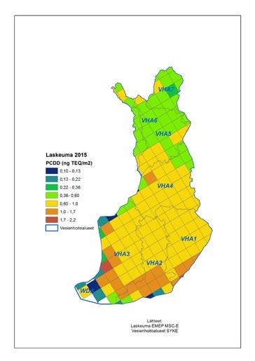 Dioksiinilaskeuma on suurinta Etelä- ja Lounais-Suomessa ja pienintä Pohjois-Suomessa kuva 39). Dioksiinien ilmaperäinen laskeuma Suomen sisä- ja rannikkovesiin on noin 27 ja 26 g I-TEQ/a.