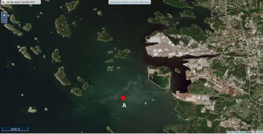 Kuva 18: Satelliittikuva Rauman sataman edustalta 10.6.2017. Metallinäytteen ottopaikka punainen piste) sijaitsi aivan sataman tuntumassa. Fig. 18: Satellite image from Rauma on 10.6.2017. The metal samples were taken in the immediate proximity of the harbour marked with a red dot).